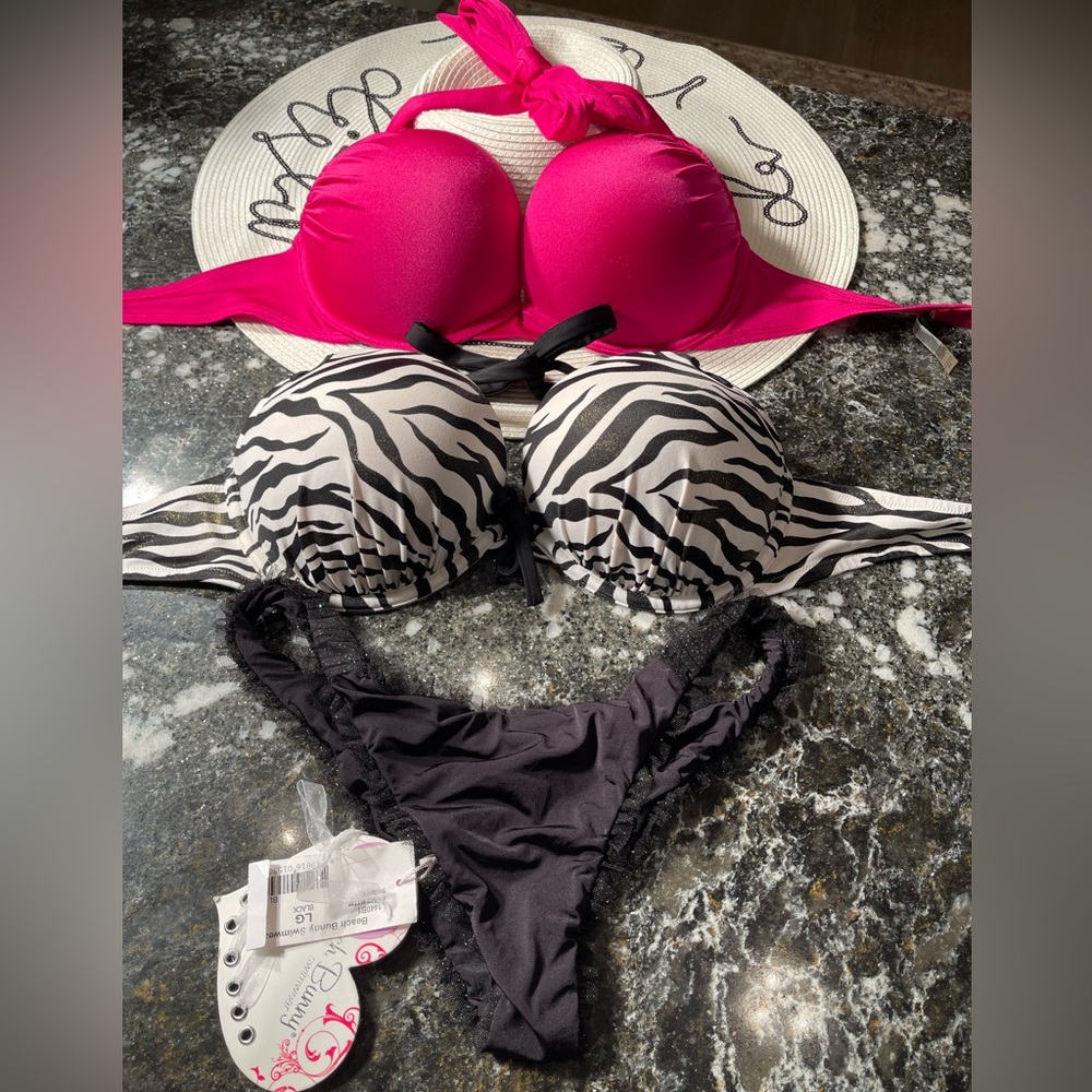 Lot of two VS bikini bombshells zebra and hot pink tops plus beach bunny bottoms